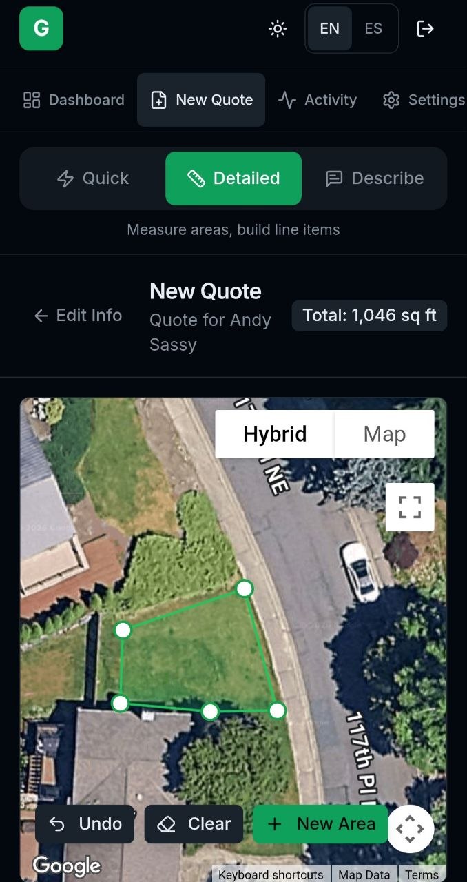 GreenLens customer-facing quote screen with pricing and accept action