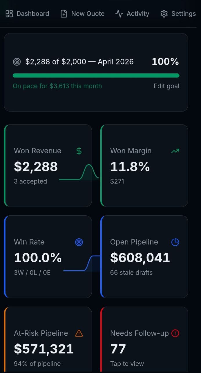 GreenLens dashboard view showing quote activity and core workflow screens