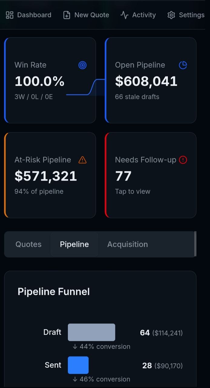 GreenLens dashboard and workflow screens for managing landscaping quotes