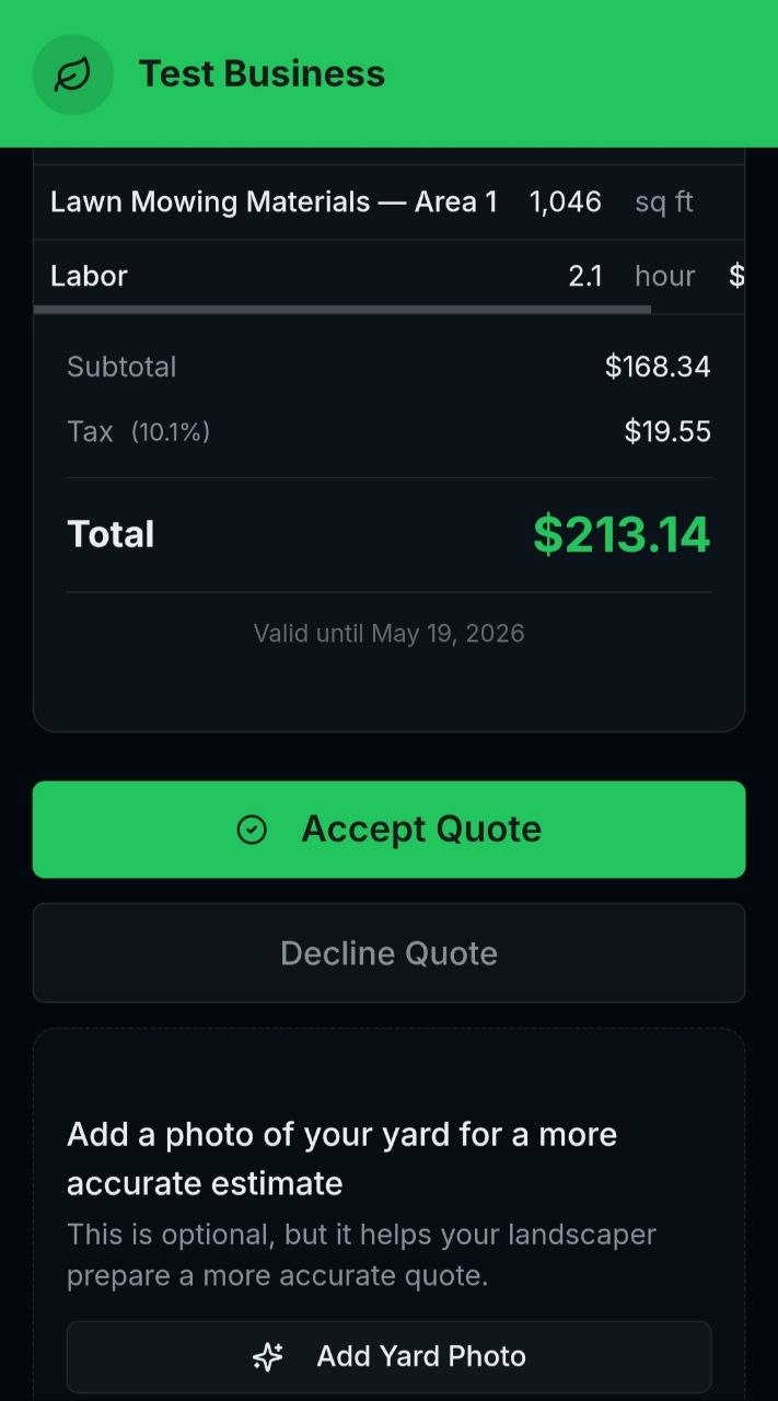 GreenLens new quote flow showing estimate details and editable pricing